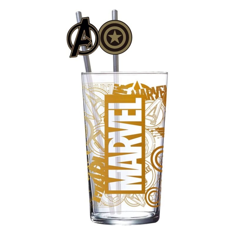 Kubek szklany Marvel z logo Avengers 485 ml z słomkami